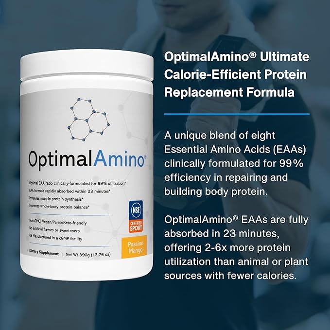 OptimalAmino Amino Acid Powder | 99% Utilized Essential Amino Acid (EAA) Supplement | Pre/Post Workout &amp Muscle Recovery | NSF for Sport Certified | Passion Mango Flavor