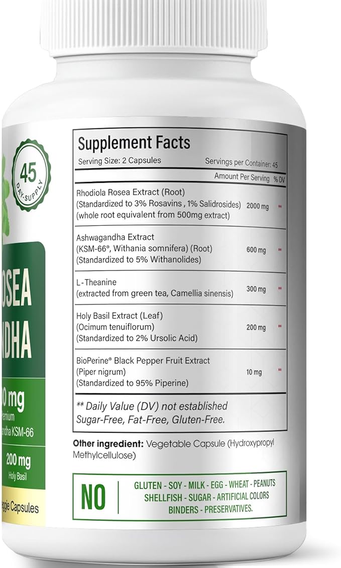 FloraBliss Rhodiola Rosea with Ashwagandha KSM-66 L-Theanine Holy Basil &amp Black Pepper - 90 High Potency Vegan Capsules - 45-Day Supply