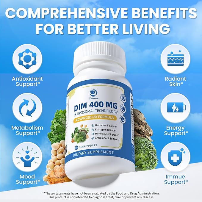 Lukaree DIM Supplement 400MG for Women - 12 in 1 Liposomal Dim Capsules- with Black Cohosh Soy Isoflavones &amp Alpha Lipoic Acid Vegan 60 Ct.