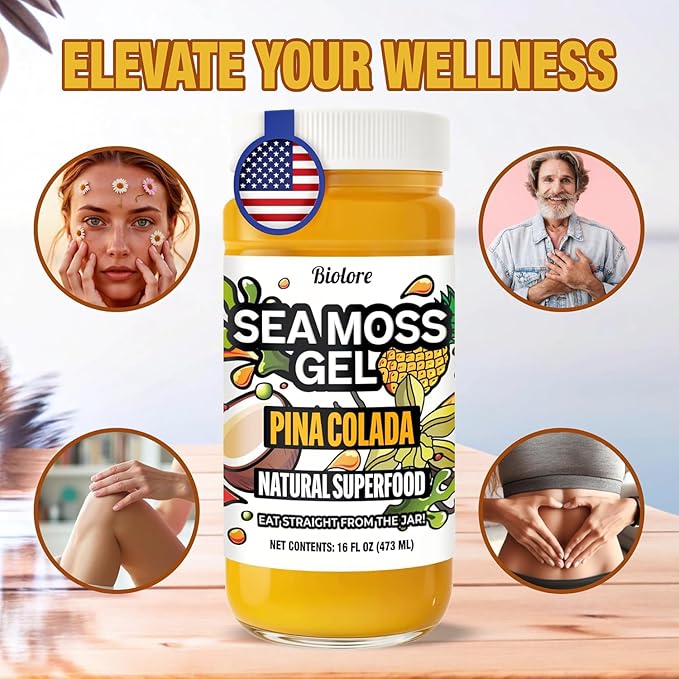 Biolore Pina Colada Sea Moss Gel 16 oz - No Added Sugar Vegan Made in USA - Wildcrafted Sea Moss Superfood with 92 Essential Vitamins - Ready to Use No Prep Needed