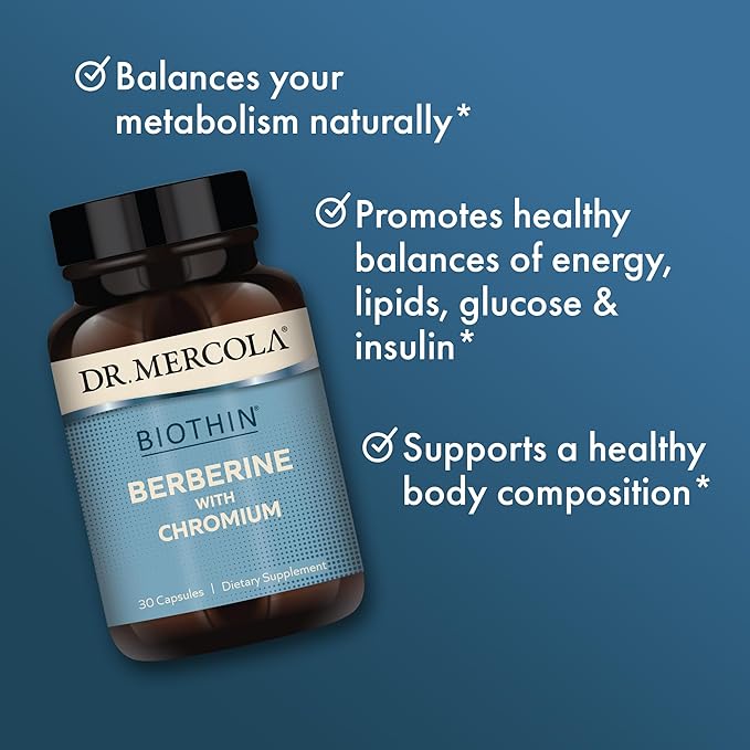 Dr. Mercola Biothin Berberine with Chromium - Supports Healthy Metabolic Function - Enhanced Absorption - Non-GMO Gluten-Free &amp Soy-Free - 30 Capsules (30 Servings)