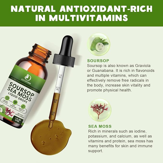LUCNVEM (2 Pack) Soursop Graviola with Sea Moss Liquid Drops Soursop Bitters Liquid Rich in Multivitamin for Natural Antioxidant Immune Boost Cell Support &amp Regeneration Pineapple Flavor