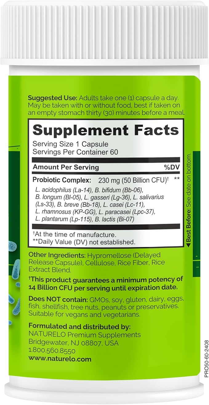 NATURELO Probiotics for Digestive Health 50 Billion CFU 60 Vegetarian Capsules 11 Strains Daily Use Supplement Delayed Release No-Fridge Boosts Immune System Probiotics for Women &amp Men