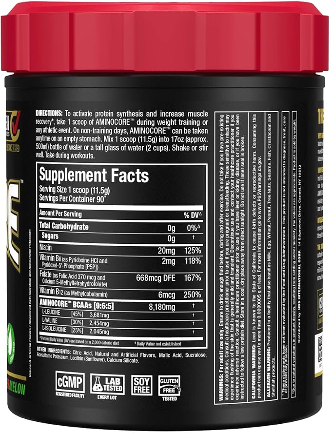 ALLMAX AMINOCORE BCAA Powder for Workout Muscle Recovery &amp Increased Endurance - Sugar Free No Fillers 8.18 Grams Bcaas Amino Acids B Vitamins for Women and Men- 90 Servings | Watermelon 1035g