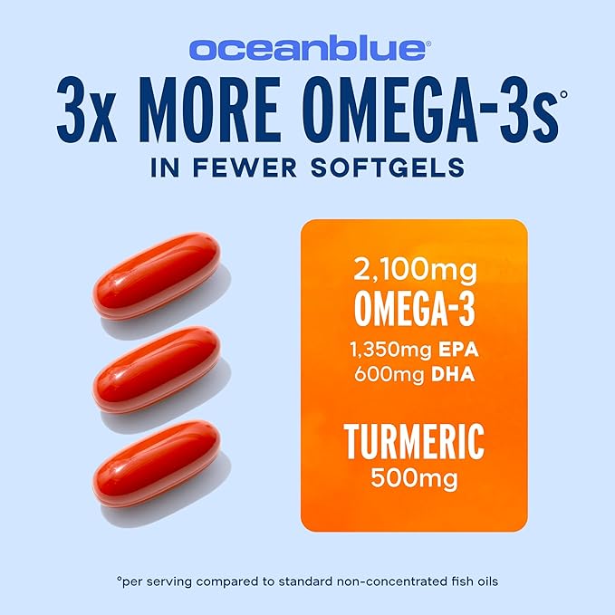 Oceanblue 2100 Triple Strength Omega-3 Fish Oil with Turmeric | Burpless Omega 3 Combo Supplement with Curcumin EPA DHA DPA | Heart and Joint Support | 60 Softgels | 2 Pack | 120 Total Softgels