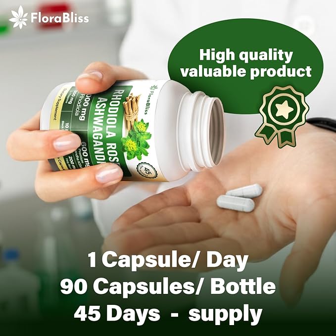 FloraBliss Rhodiola Rosea with Ashwagandha KSM-66 L-Theanine Holy Basil &amp Black Pepper - 90 High Potency Vegan Capsules - 45-Day Supply