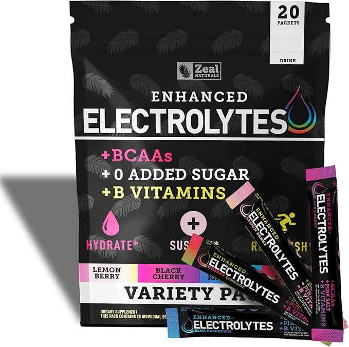 Zeal Naturals Enhanced Electrolyte Powder Stick Packs (Variety Pack - 20 Packets) Sugar Free + BCAA B-Vitamins &amp Pink Himalayan Salt - Keto Electrolytes Hydration Powder