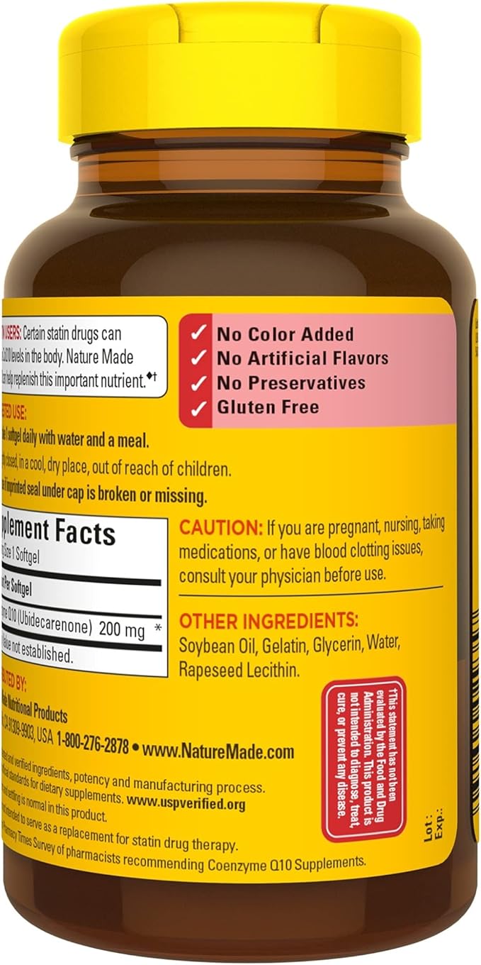 Nature Made CoQ10 200 mg Dietary Supplement for Heart Health and Cellular Energy Production 100 Softgels 100 Day Supply