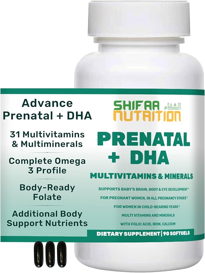 SHIFAA NUTRITION Halal Prenatal Vitamins with DHA and Folic Acid | High Potency 90 Softgels Keto-Friendly | Vitamin C 120mg DHA 250mg Folic Acid 800mg EPA 90mg Biotin &amp Iodine