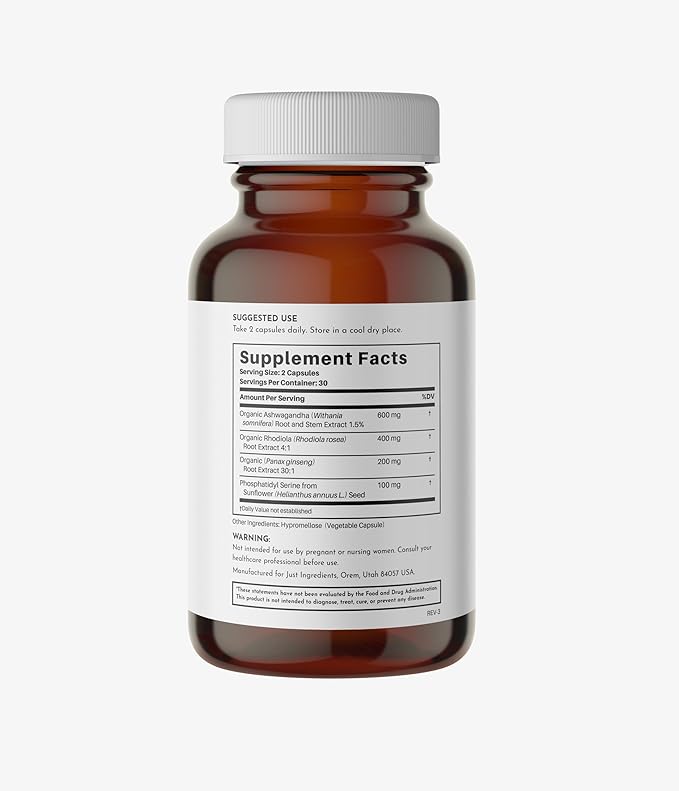 JUST INGREDIENTS Adrenal Support Complex with Ashwagandha Rhodiola and Panax Ginseng - Capsules