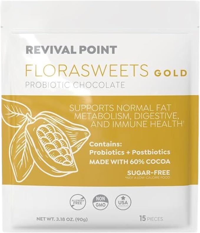 Florasweets Gold Chocolate Bites with Probiotic + Postbiotic Stains DE111 &amp BPL1 - Indivally Wrapped - Supports Digestive &amp Gut Health Bacillus subtilis (1)