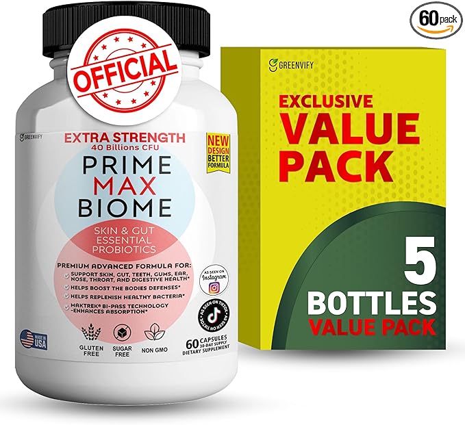 Prime Max Biome Probiotics 40 Billion CFU – Extra Strength Skin &amp Gut Support with MAKTrek® Bi-Pass Technology – 4 Strains + Prebiotics – Non-GMO Gluten-Free 60 Capsules (5)