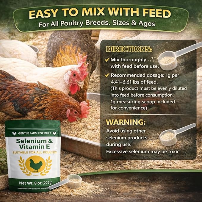 8 oz (227 g) Selenium &amp Vitamin E Powder for Chickens Selenium Supplement for Chickens Supports Immune &amp Muscle Health Suitable for All Poultry