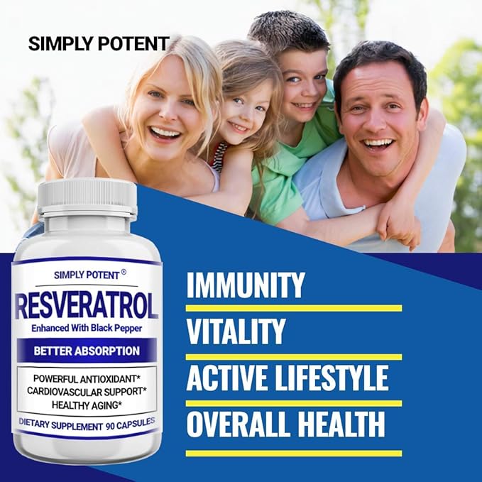 Simply Potent Resveratrol 1000mg Supplement with Black Pepper for Max Absorption Antioxidant &amp Anti-Aging Pills for Heart Immune &amp Skin Health 90 Capsules
