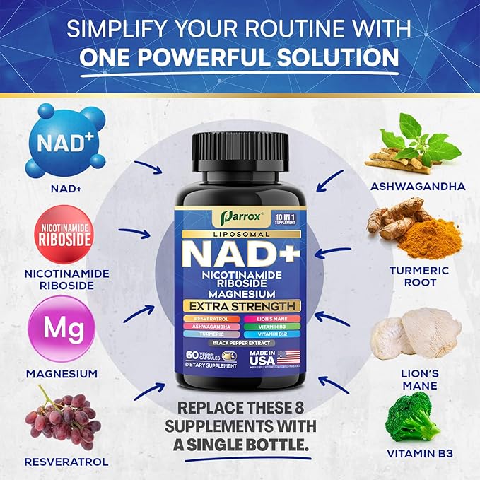 NAD+ Supplement with Liposomal NAD+ Nicotinamide Riboside Magnesium Vitamin B3 &amp B12 Resveratrol Turmeric Ashwagandha Lion’s Mane10-in-1 Extra Strength (3 Pack)