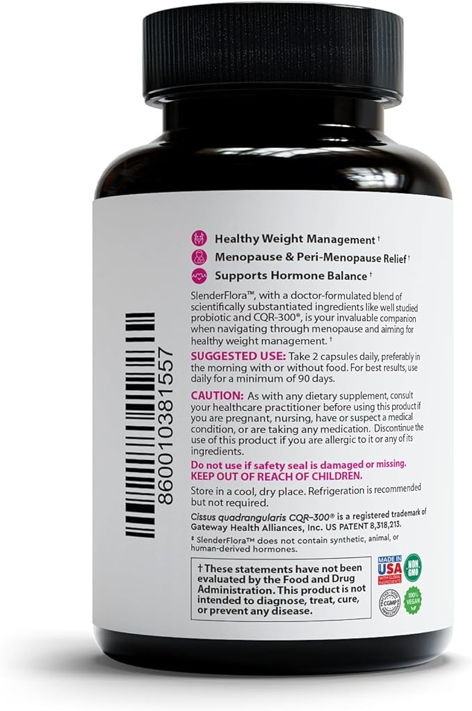 SlenderFlora - Menopause Probiotic Supplement | Weight Management Hot Flashes Night Sweats Bloating | 70 Billion CFU | Gluten Soy &amp Dairy Free | 60 Ct Pack of 2