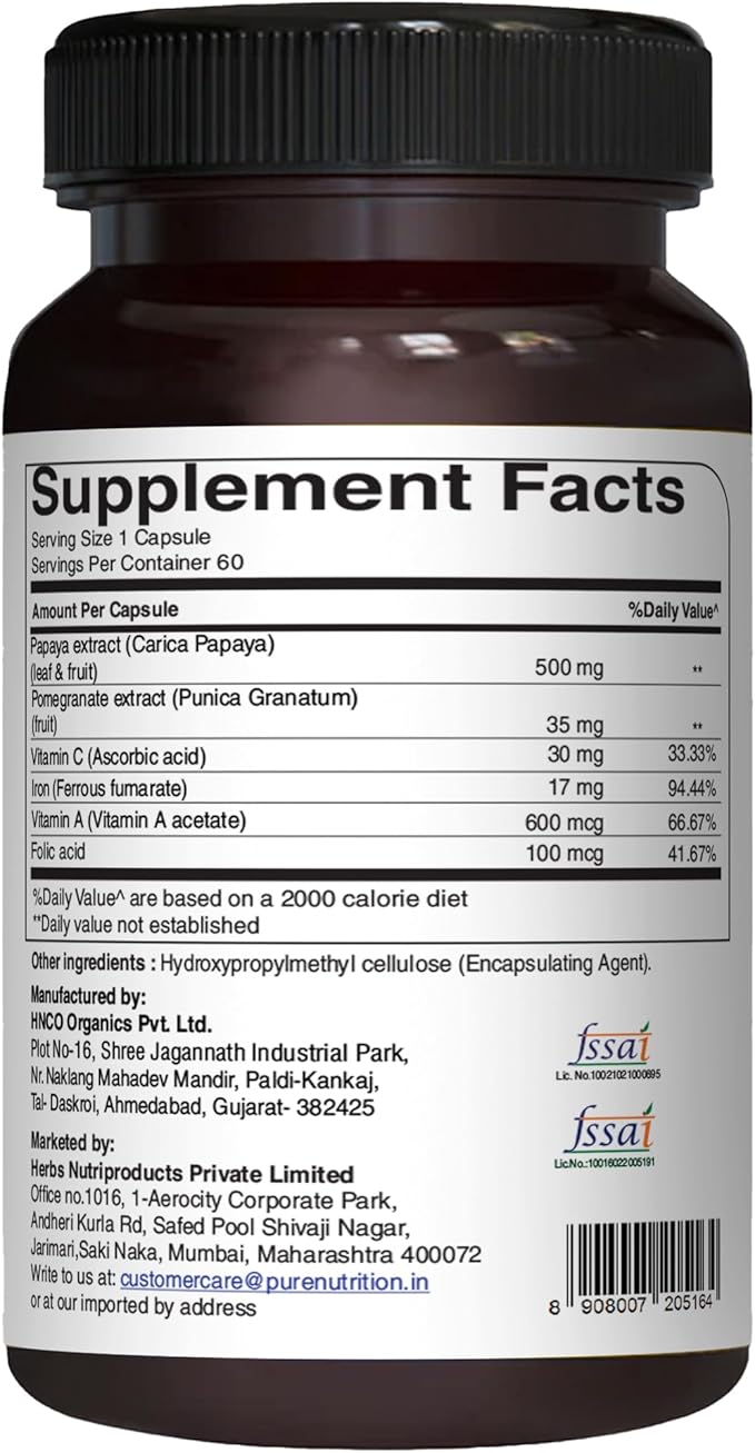 Pure Nutrition Papaya Complete - 60 Veg Capsules (Supports Platelet Immunity &amp Digestion) Each Capsule Contains 500mg Carica Papaya Fruit and Leaf Extract. Non-GMO | Gluten-Free