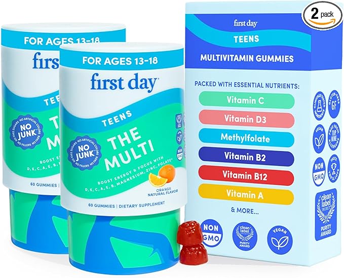 FIRST DAY Vitamins for Teens - Teen Multi Vitamins for Girls &amp Boys 12-17 Organic Fruit &amp Veggie Blend - 12 Key Nutrients: Vitamins A B1 B2 B6 B9 B12 C D3 E K2-60 Day Supply