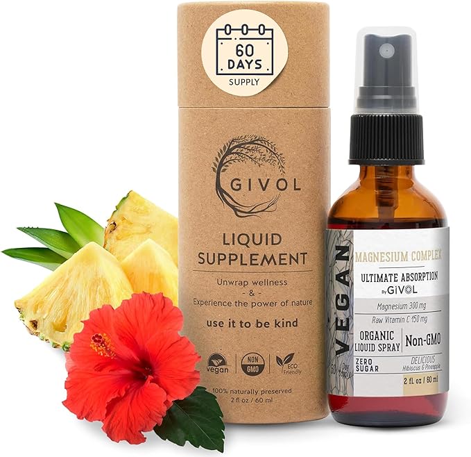 Tri Magnesium Complex - Magnesium Biglycinate Citrate &amp Taurate Liquid Spray 300mg w/Raw Vitamin C for Body Decompression - Hibiscus &amp Pineapple Flavor 2 Fl Oz (60 ml) - 60 Day Supply