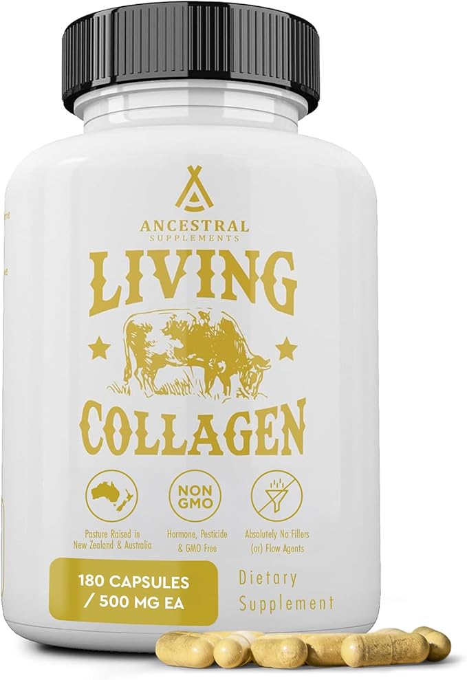 Ancestral Supplements Grass Fed Beef Living Collagen Nutritional Powder Supplement 3000mg Promotes Healthier Younger Looking Skin Hair Nails and Joints Type II 180 Capsules