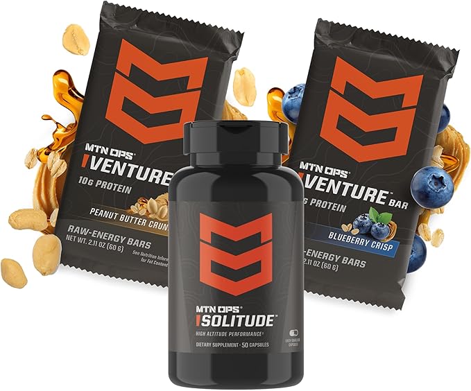 MTN OPS Solitude Altitude Support &amp Venture Bars Bundle – Peanut Butter Crunch + Blueberry Crisp Energy Bars for Hiking Trekking Backpacking &amp Mountain Adventures