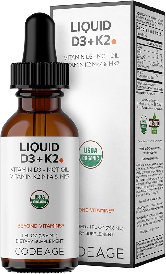 Codeage Liquid D3+K2 Vitamins USDA Organic - Vitamin D3 2000 IU Vitamin K2 (MK4 &amp MK7) Liquid Drops - Immune Support - Unflavored - Organic MCT Oil - Non-GMO - 1 fl oz
