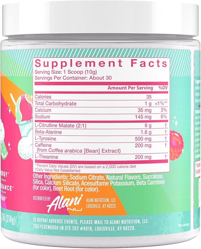 Alani Nu Pre Workout Powder Sherbet Swirl Amino Energy Boost Endurance Supplement Sugar Free 200mg Caffeine L-Theanine Beta-Alanine L-Citrulline 30 Servings