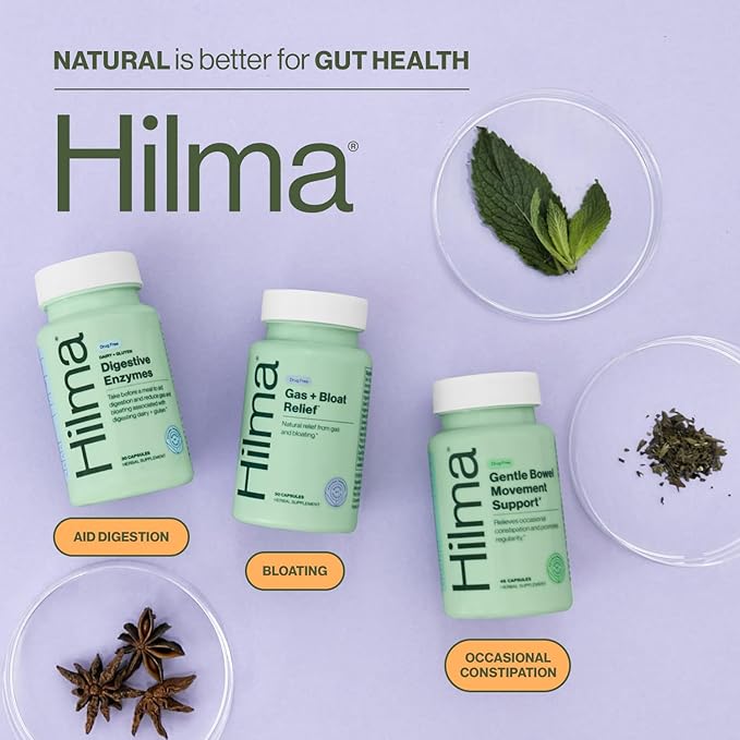 Hilma Daily Movement Duo for Constipation &amp Bloating Relief for Women Gas Plus Bloat Relief (50 Vegan Capsules) w/Lemon &amp Peppermint Gentle Bowel Movement (46 Vegan Capsules) w/Magnesium &am