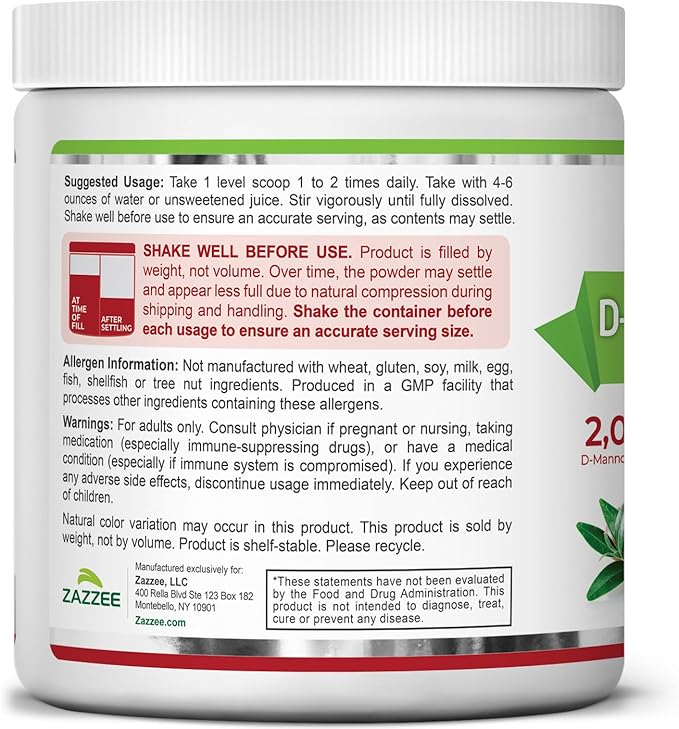 Zazzee D-Mannose Powder Plus 2000 mg 67 Servings Plus 5 Billion CFU Probiotics and Pure Cranberry Juice Extract Certified Kosher Free Scoop 6.67 oz Urinary Tract Support Non-GMO All-Natural