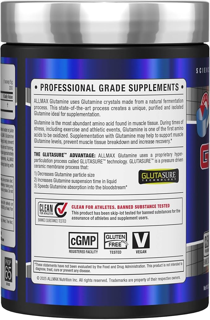 ALLMAX L Glutamine Powder 1000g Fermented L-Glutamine Powder Pure Unflavored Glutamine Supplement for Gut Health Recovery &amp Immune Support Vegan Gluten Free