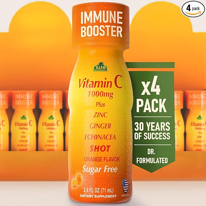 ALFA VITAMINS Vitamin C Shot 1000mg with Zinc Ginger &amp Echinacea – Supports Immune Health &amp Daily Wellness – Orange Flavor – 2.4 FL Oz Bottle – 4 Pack