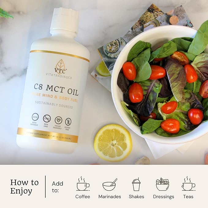 VTC VitaTradingCo. 100% Pure C8 MCT Oil | 3X Distilled Caprylic Acid | Healthy Fat for Clean Energy | Sustainably Sourced | Non-GMO Paleo Keto | 32oz 64 Servings (Unflavored)