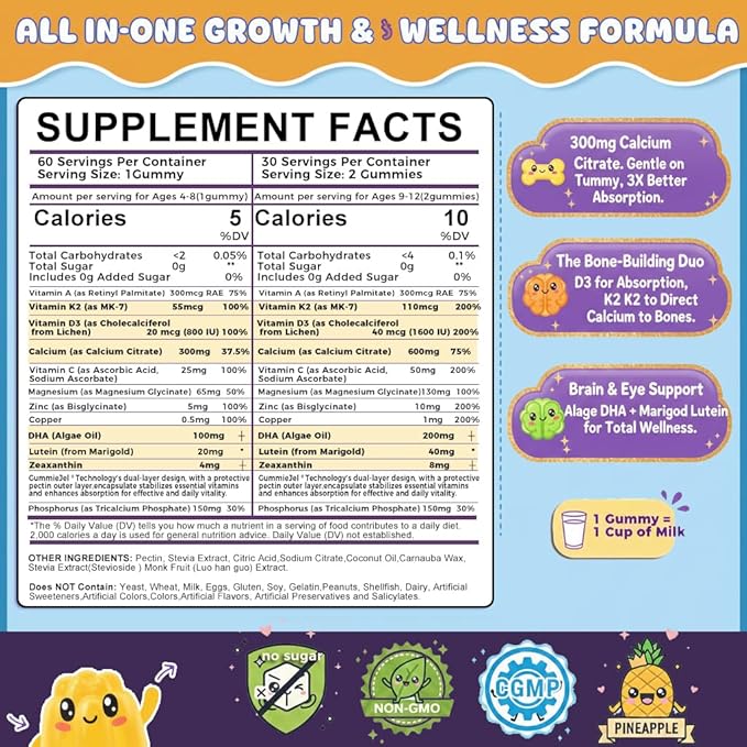 Sugar Free Kids Calcium Gummies (Ages 4-12) - 300mg Calcium Citrate w/Vitamin D3 K2 Magnesium - Algae DHA Lutein &amp Zeaxanthin for Strong Bones Eye &amp Brain Support - Gelatin Free - 60 Gummies