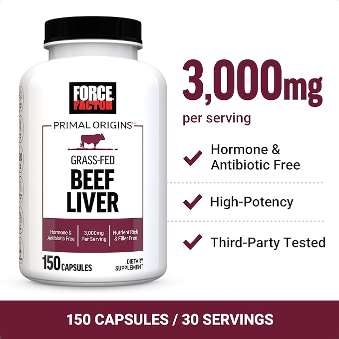 FORCE FACTOR Primal Origins Beef Liver Capsules Grass Fed Beef Organ Supplement Pasture-Raised Hormone &amp Antibiotic Free Non-GMO 150 Capsules