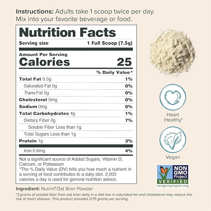 Nutrim Oat Bran Powder with 750mg Beta Glucan per Serving - Easy-Mix Soluble Fiber for Cholesterol Management &amp Immune Support - Heart Healthy Non-GMO &amp Vegan Oatmeal (60 Servings 2 Pack)