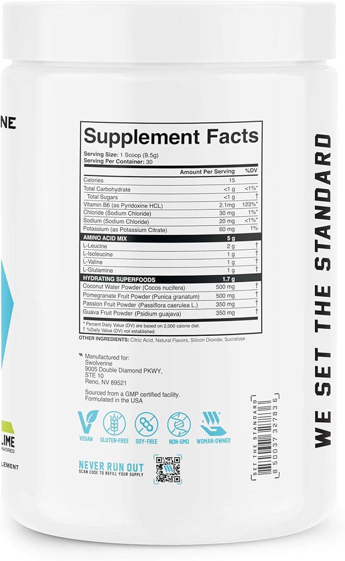 Swolverine BCAA Powder 2:1:1 with L-Glutamine &amp Electrolytes - Stimulant-Free Amino Acid Supplement for Muscle Recovery Hydration &amp Endurance Support 30 Servings Lemon Lime