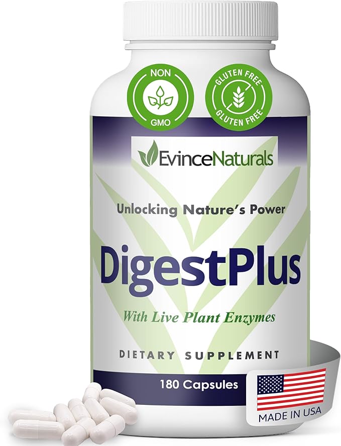 DigestPlus Digestive Enzymes - Plant-Based Enzymes for Digestion Support Helps Reduce Bloating &amp Gas - Pure Enzyme Formula for Nutrient Absorption - Digestion Supplement 180 Capsules