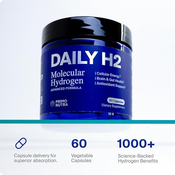 Hydrogen Water Tablets Alternative | DailyH2 Molecular Hydrogen Capsules | 3mg H2 for Cellular Energy Focus &amp Recovery | Brain Gut &amp Mitochondrial Support | 60 Caps