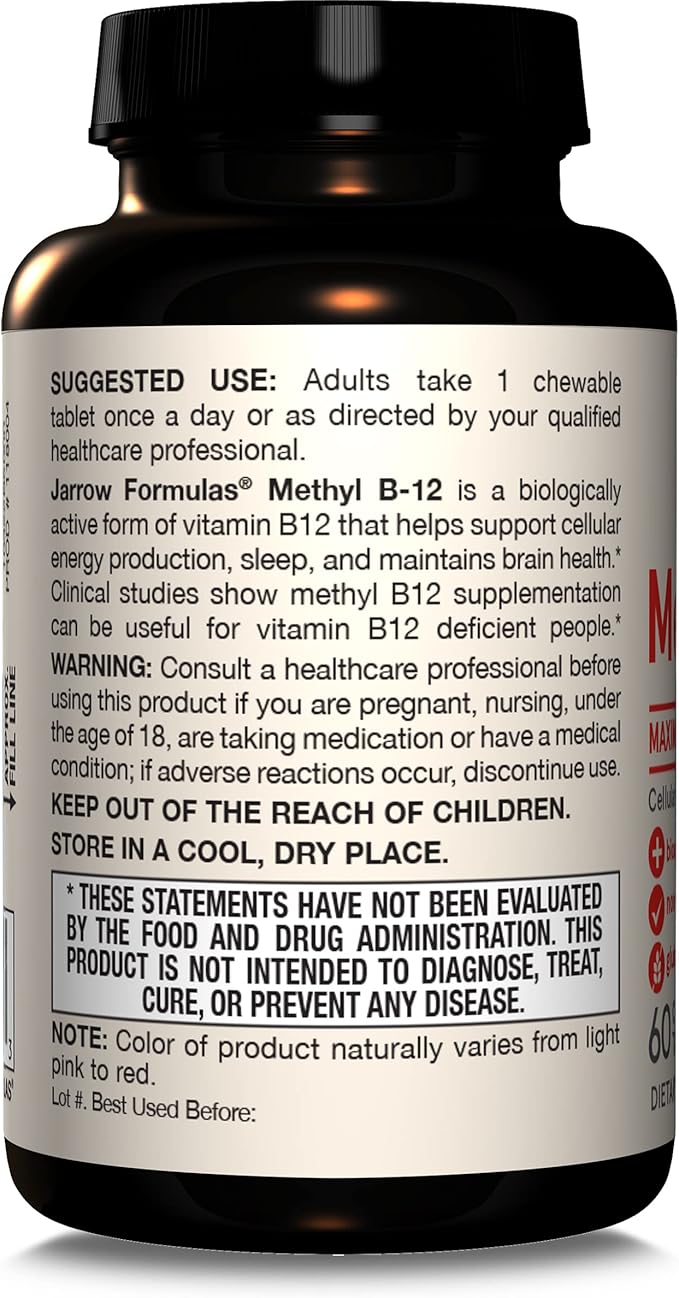 Jarrow Formulas Methyl Vitamin B12 5000 mcg - 60 Chewable Tablets Naturally Fruit Flavored- Bioactive B12 Vitamin - Supports Cellular Energy Production Brain Health &amp Metabolism - 60 Servings