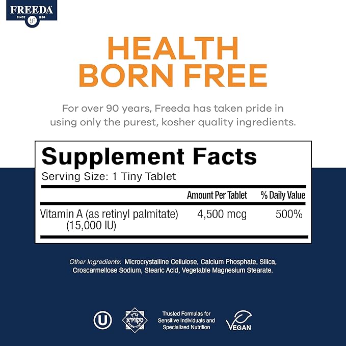 Freeda Vitamin A 15000 IU – Retinyl Palmitate – Vegan Kosher No Fish – Eye Vision Immune &amp Skin Support – Tiny Easy-to-Swallow Tablets – VIT A Vitamina A Supplement – 250 Tablets