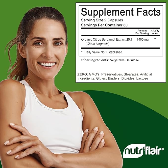 NutriFlair Organic Citrus Bergamot 1400mg 120 Capsules - 25:1 Bergamia - Essential Oil and Citrus Bioflavonoids - Natural Heart Health Supplements for Women and Men - Non-GMO Pills