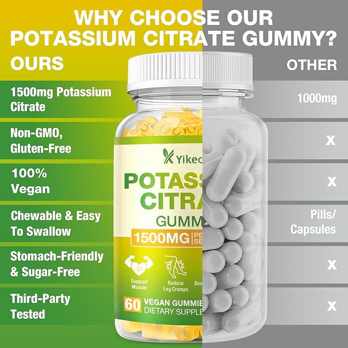 2 Pack Potassium Citrate Gummies 1500mg Potassium Supplement Gummies for Adults Women &amp Men Support Leg Cramps &amp Muscle Health Sugar-Free Pineapple Flavor 120 Count