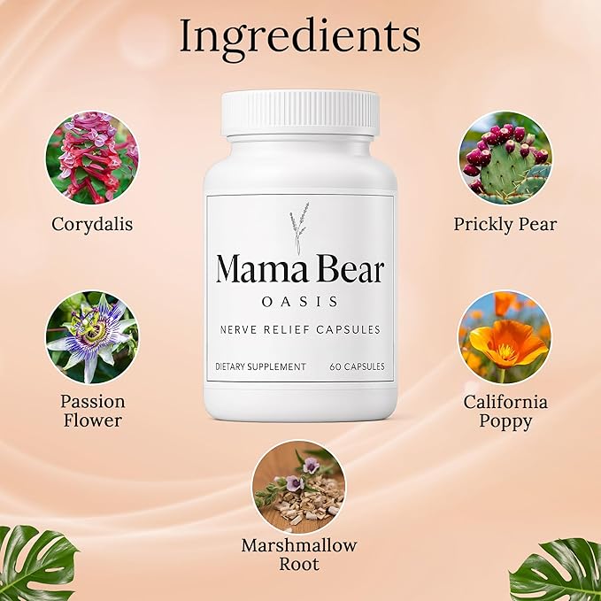 Mama Bear Oasis Nerve Support Capsules for Neuropathy - Advanced Nerve Vitamins &amp Repair Formula - Mobility Boost &amp Calm Blend - Regeneration Health Supplements - Neuropathy &amp Recovery Cap