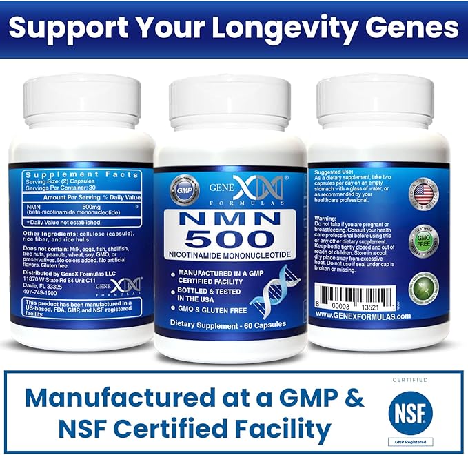 Genex Formulas NMN 500mg - 99% Pure Shelf Stabilized Supplement Capsules for Increased NAD Levels &amp Healthy Aging GMP Certified 500mg per Serving 60 Capsules