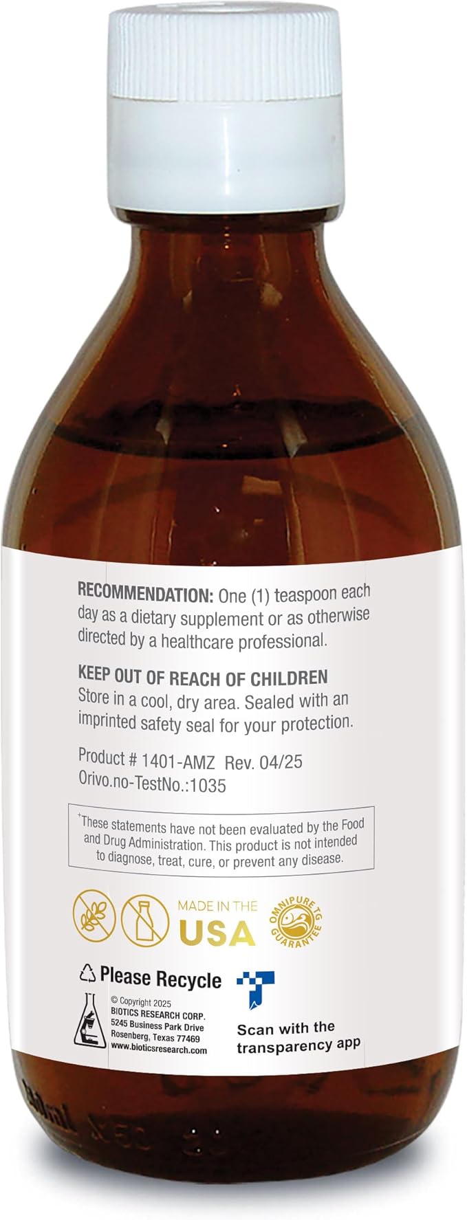 Biotics Research Biomega 3 Liquid™ Highly Concentrated Omega 3 Fish Oil Liquid Sustainably Sourced Traceable Pure 2490 mg of EPA DHA Omega 3 Fatty Acids per TSP 1040 mg DHA 7 Fl Ounces 200ml 40 SVG