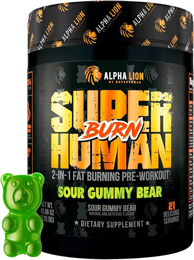 ALPHA LION Superhuman Burn 2 in 1 Metabolism Booster Pre Workout and Men's Thermogenic Fat Burner Sour Gummy Bear (Hulk Juice) Package Varies