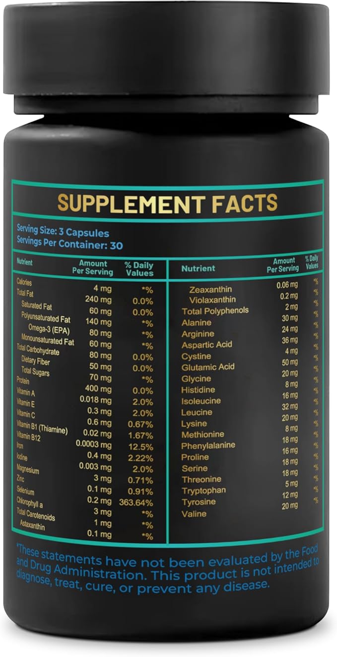 Marine Phytoplankton Capsules – 90 Vegan Capsules – Natural Energy Immune and Cognitive Support – Omega-3 Nannochloropsis gaditana Superfood Non-GMO Gluten Free