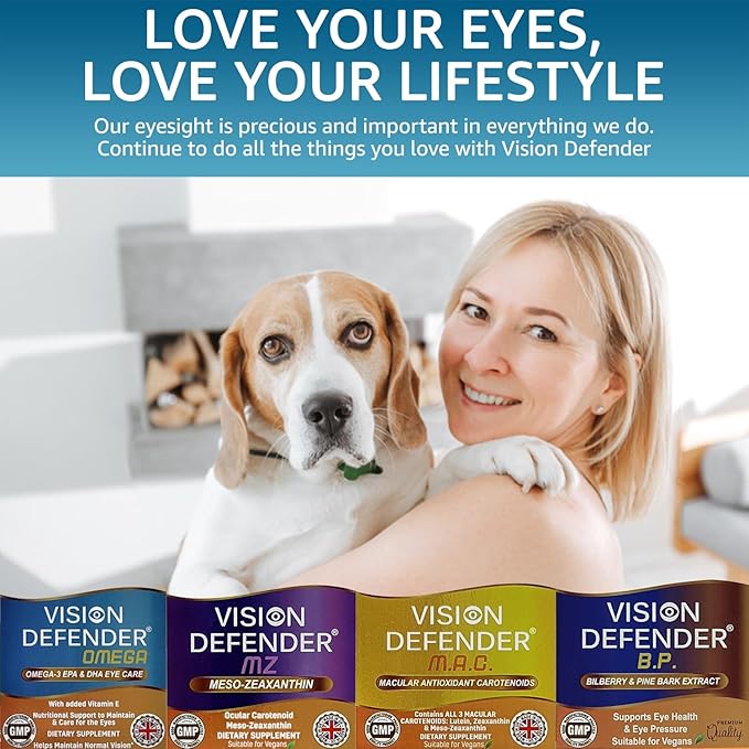 VISION DEFENDER OMEGA Eye Supplement: Care and Relief for Dry Eyes Improve Eye Health- High Strength 1000mg Pure Omega-3 Fish Oil (400mg EPA 200mg DHA per capsule)+Vitamin E (60 Softgels) Made in UK