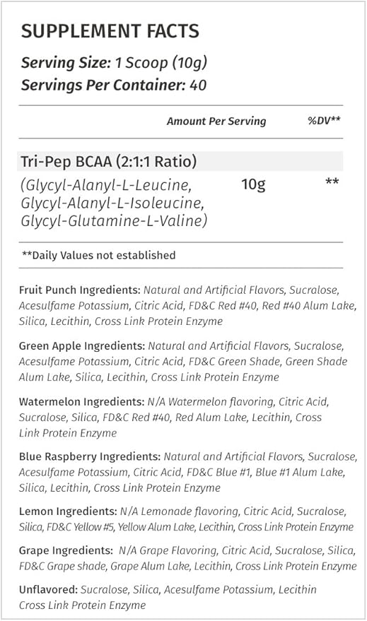 Metabolic Nutrition - TRIPEP - Tri-Peptide Branch Chain Amino Acid BCAA Powder Pre Intra Post Workout Supplement Unflavored 400 Grams (40 Servings)