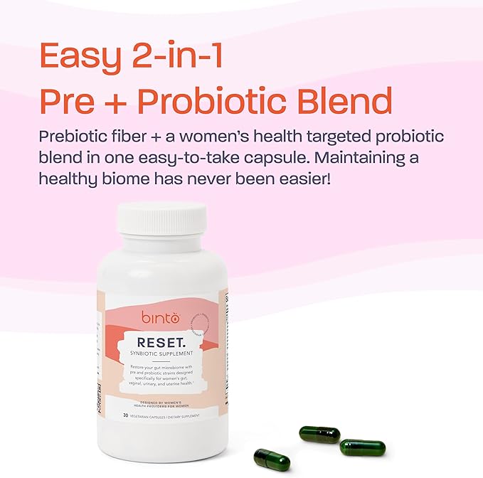 Binto Reset Synbiotic Advanced Pre and Probiotic Supplement for Women - Supports Digestive Health Boosts Immunity and Promotes a Healthy Balance of Gut Flora (30-Day Supply)